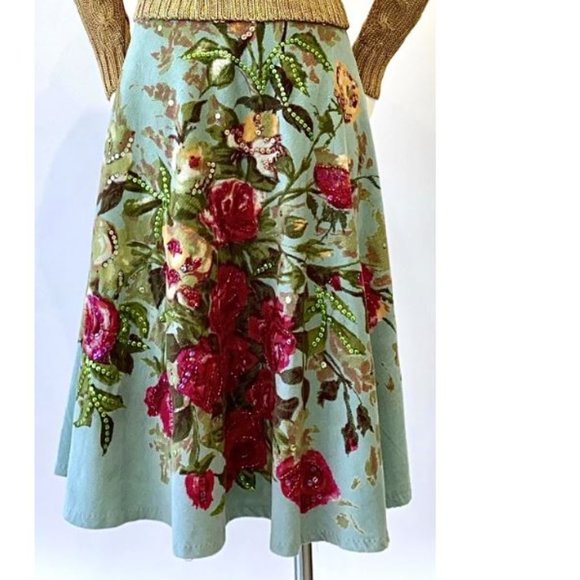 Yoana Baraschi Dresses & Skirts - Yoana Baraschi Sage Green Floral Beaded Sequin Skirt XS